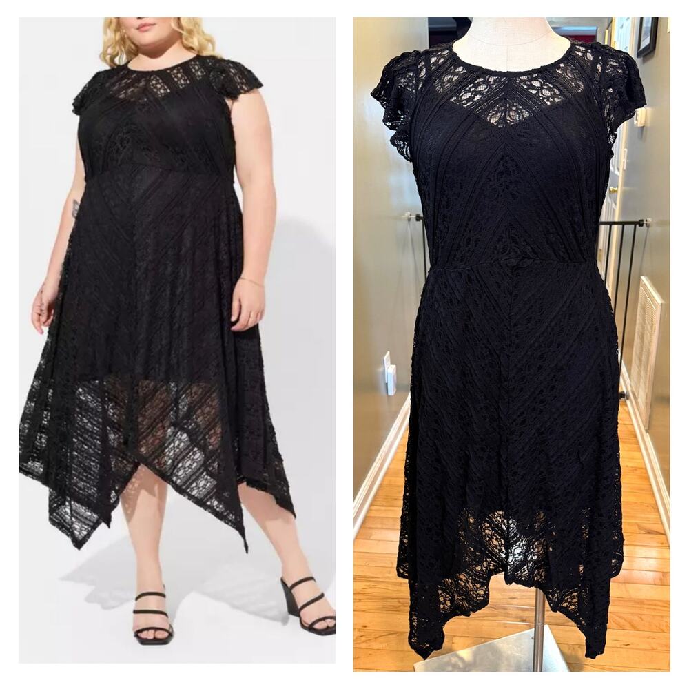 New Torrid 2 (2X 18/20) Black Lace Handkerchief Hem High Neck Midi‎ Party Dress